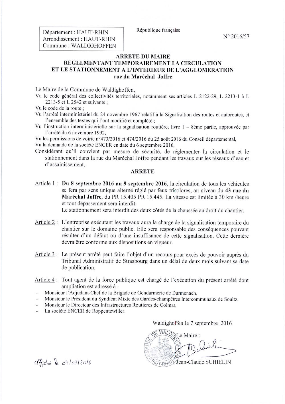 Arrêté règlementant la circulation et le stationnement rue du Maréchal Joffre
