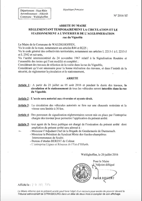 Arrêté règlementant la circulation et le stationnement - rue du vignoble