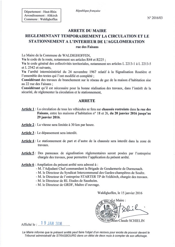 Arrêté règlementant la circulation - rue des Faisans