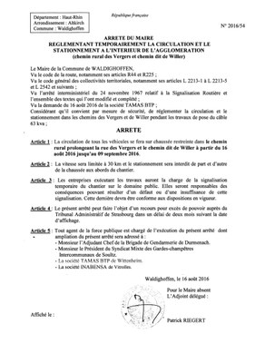 Arrêté règlementant temporairement la circulation et le stationnement chemin rural des Vergers et chemin dit de Willer