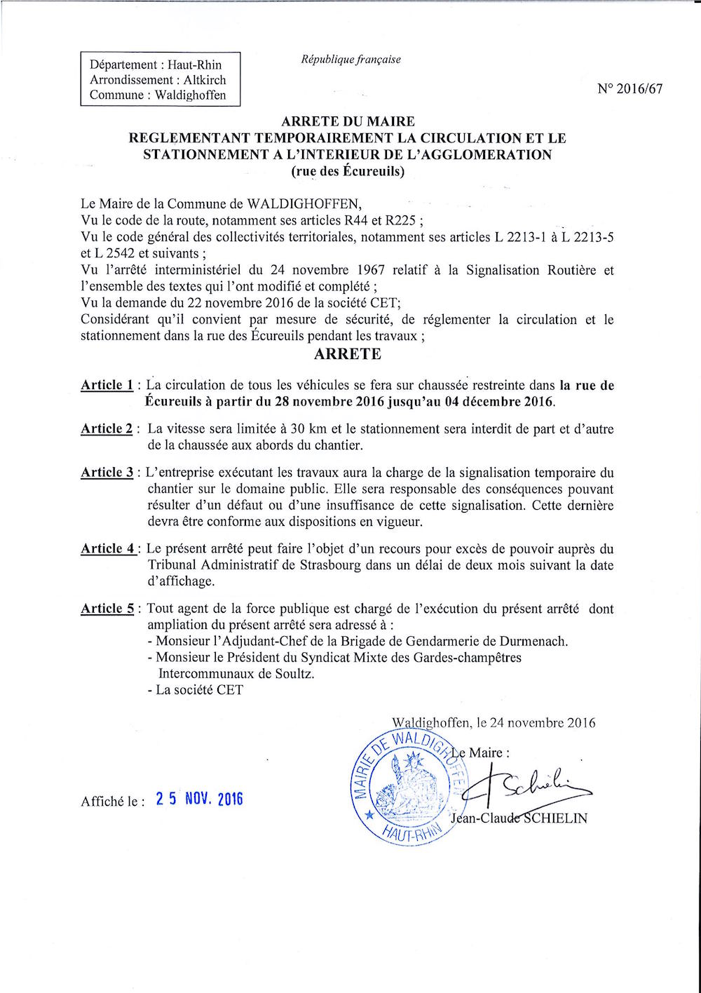 Arrêté règlementant temporairement la circulation et le stationnement rue des Écureuils