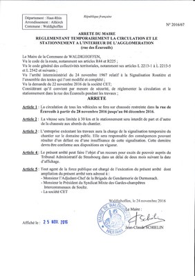 Arrêté règlementant temporairement la circulation et le stationnement rue des Écureuils