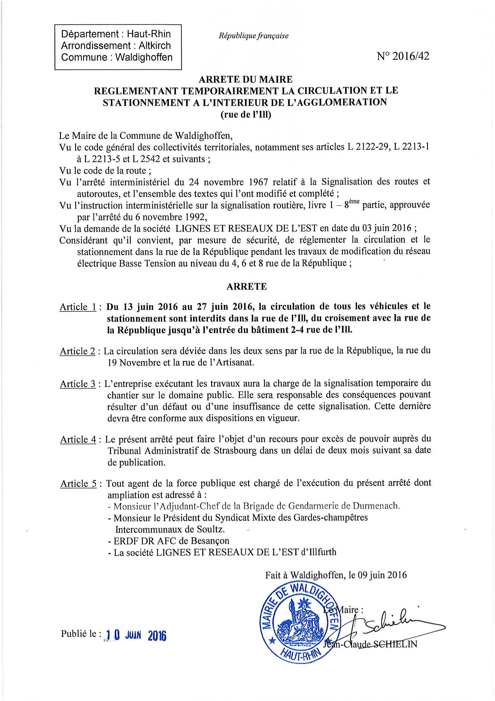 Arrêté réglementant temporairement la circulation et le stationnement rue de l'Ill