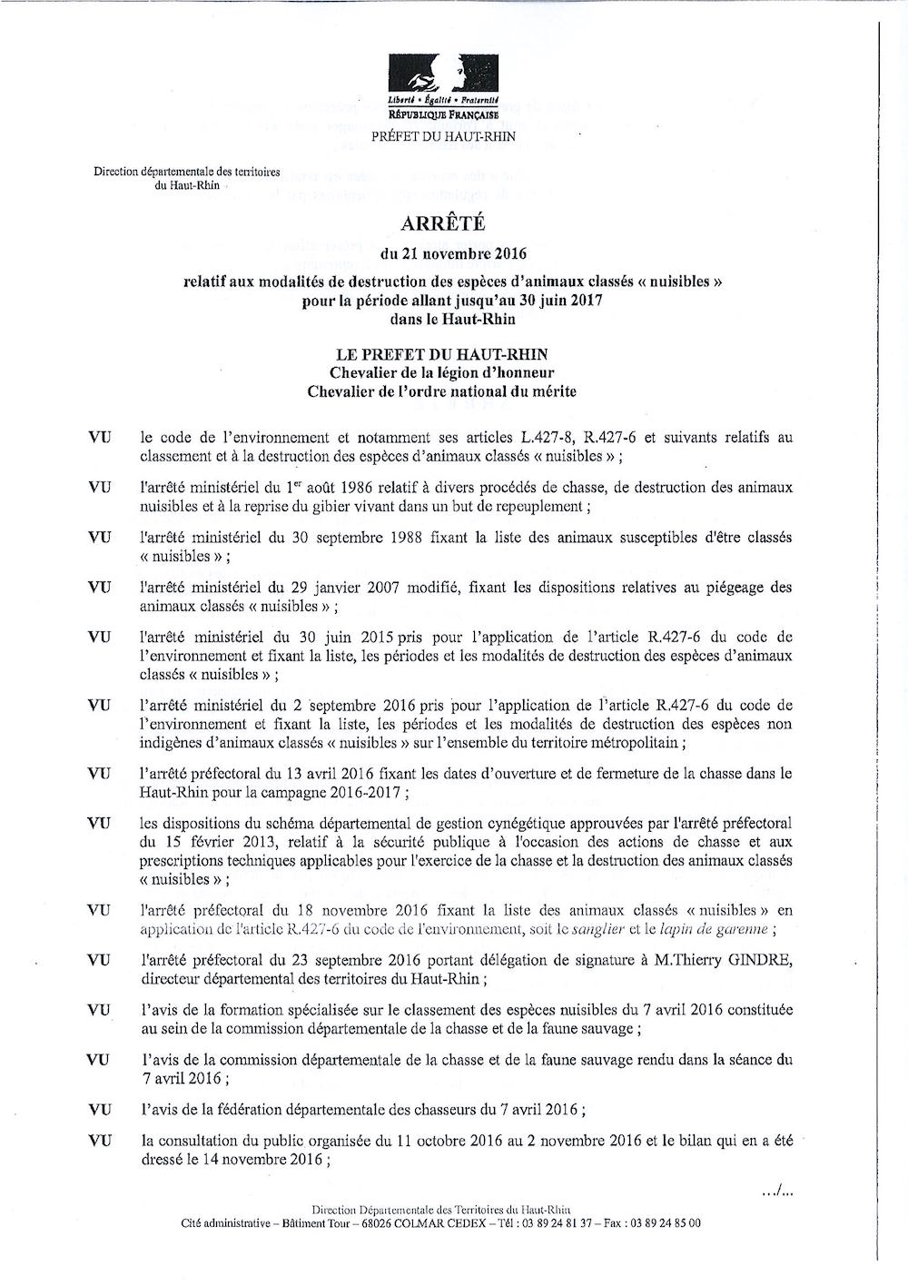 Arrêté préfectoral - modalités de destruction des animaux classés nuisibles