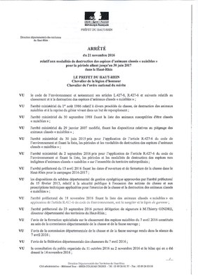 Arrêté préfectoral - modalités de destruction des animaux classés nuisibles