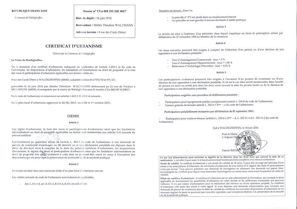 Certificat d'urbanisme CUa06835516E0017- Maître Théodore WALTMANN