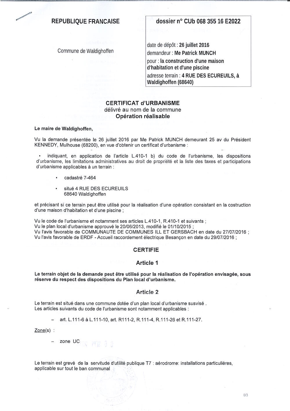 Certificat d'urbanisme CUb16E2022 délivré à Maitre Munch Patrick