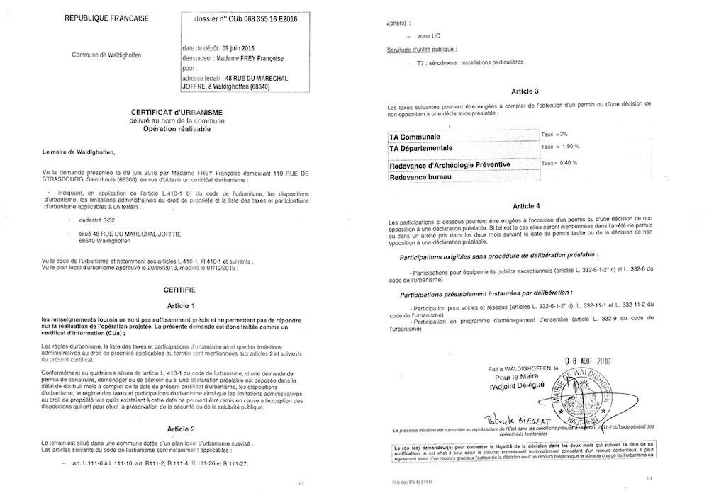 Certificat d'urbanisme délivré à Madame FREY Françoise