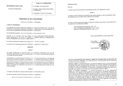 Certificat d'urbanisme délivré à Maître BAEUMLIN-ANDELFINGER, notaire