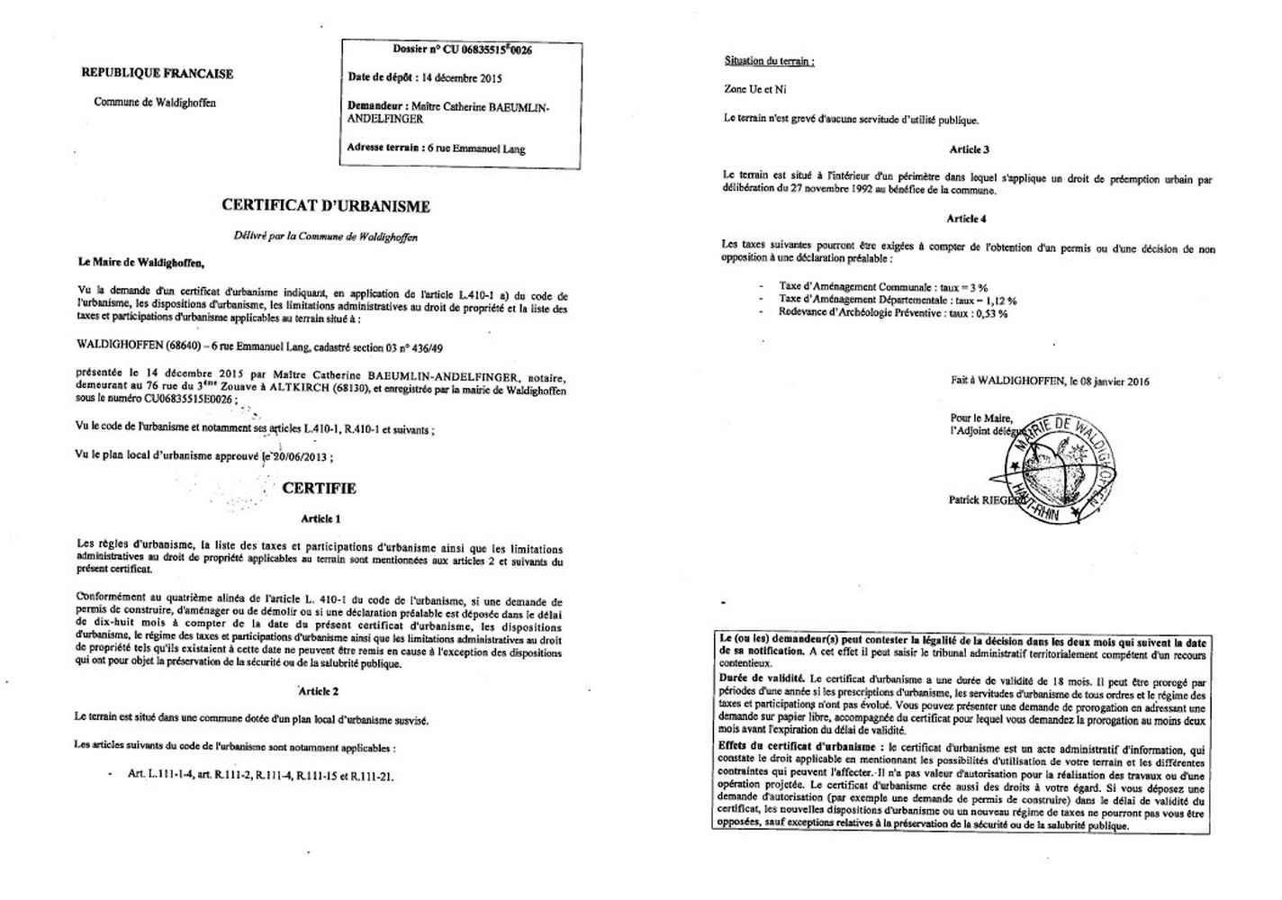 Certificat d'urbanisme délivré à Maître BAEUMLIN-ANDELFINGER, notaire