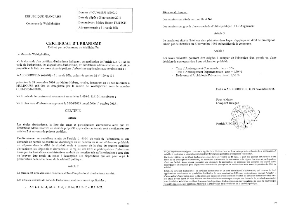Certificat d'urbanisme délivré à Maître FRITSCH