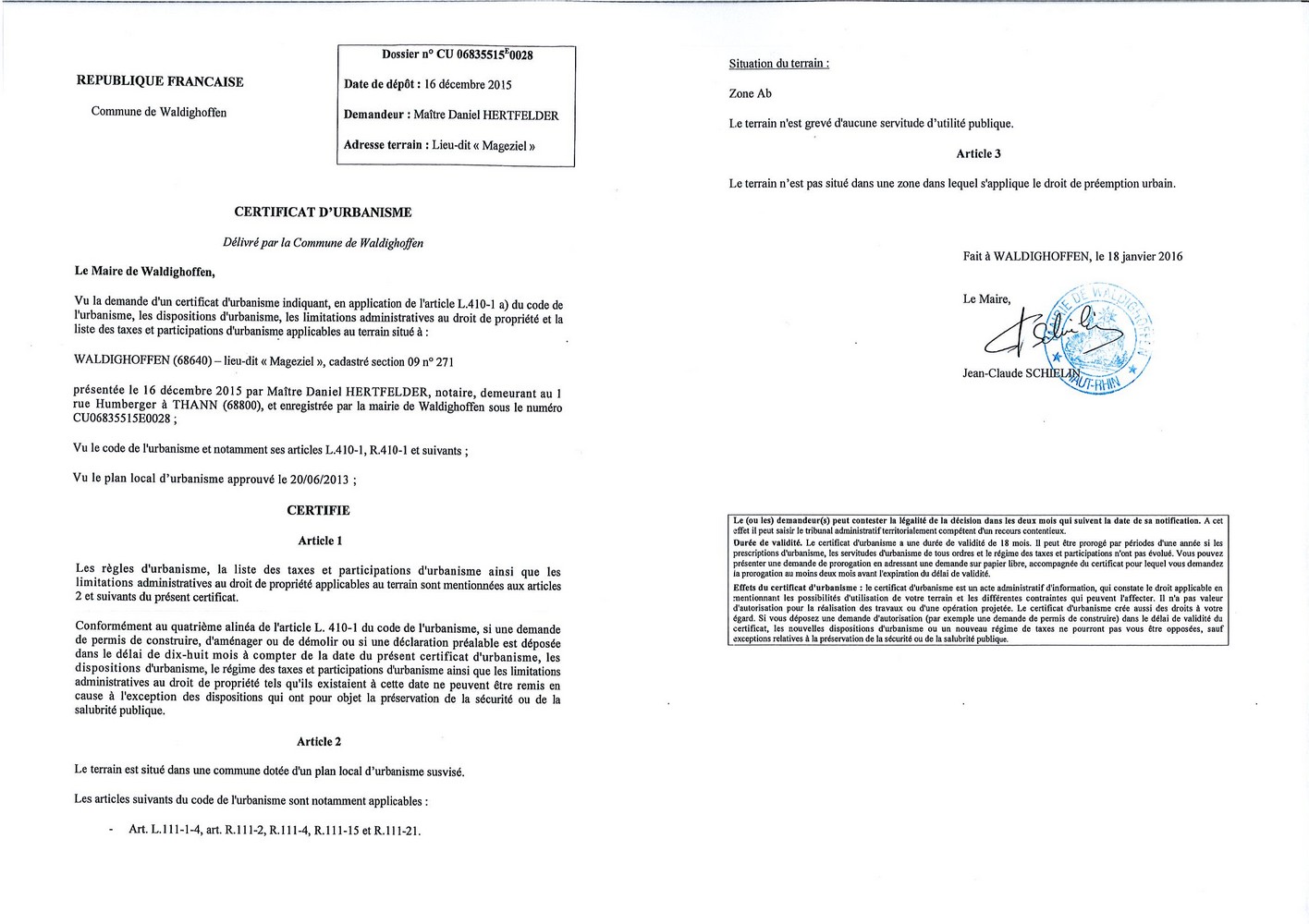 Certificat d'urbanisme délivré à Maître HERTFELDER, notaire
