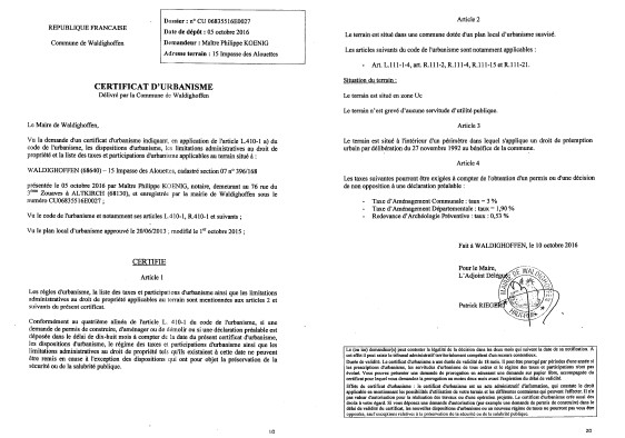 Certificat d'urbanisme délivré à Maître KOENIG