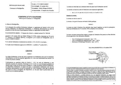 Certificat d'urbanisme délivré à Maître KOENIG