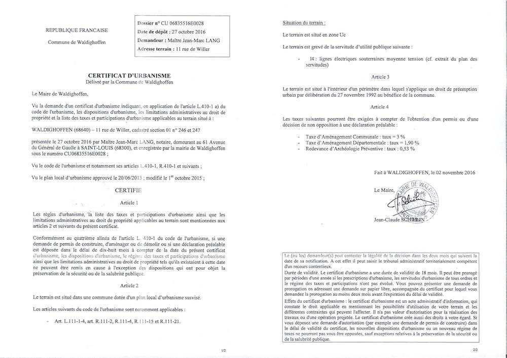 Certificat d'urbanisme délivré a Maître LANG