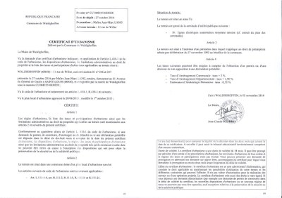 Certificat d'urbanisme délivré a Maître LANG