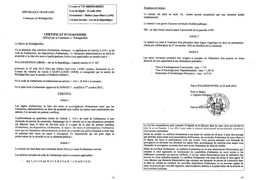 Certificat d'urbanisme délivré à Maître LANG