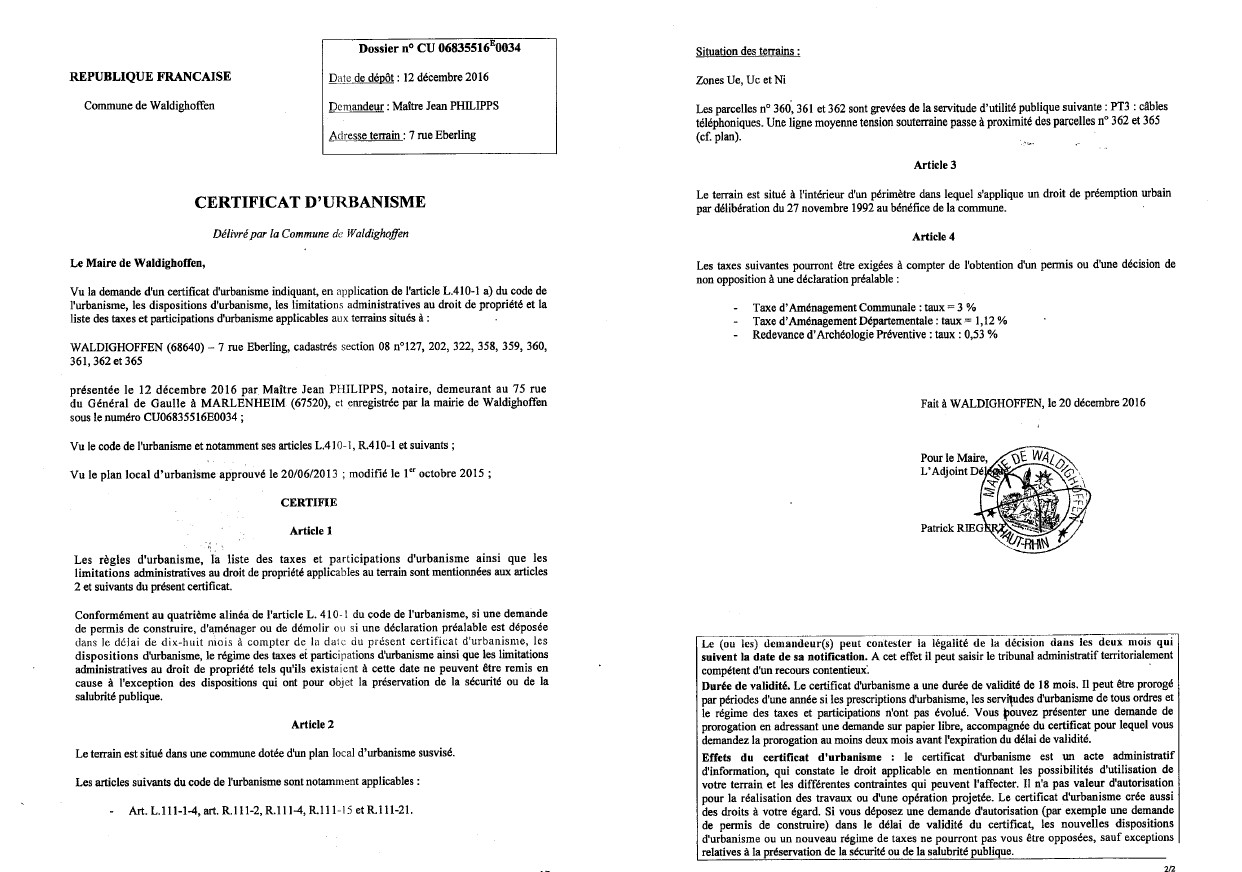 Certificat d'urbanisme délivré à Maître PHILIPPS