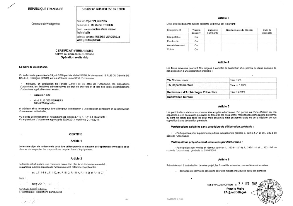 Certificat d'urbanisme délivré à Maître STEHLIN, notaire