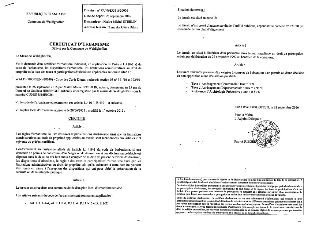 Certificat d'urbanisme délivré à Maître STEHLIN