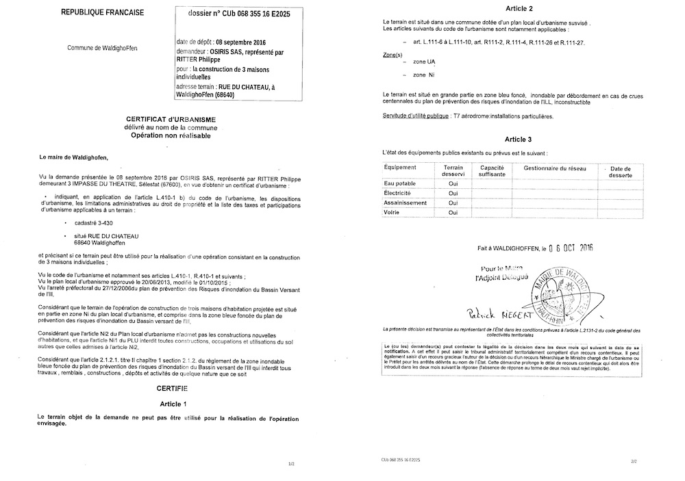 Certificat d'urbanisme délivré à OSIRIS SAS représenté par RITTER Philippe
