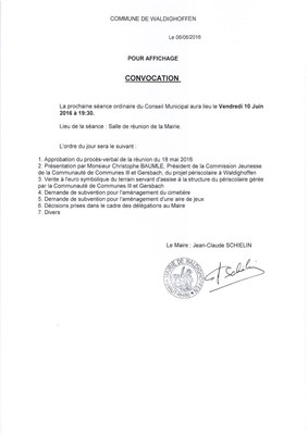 Convocation du Conseil Municipal du 10.06.16