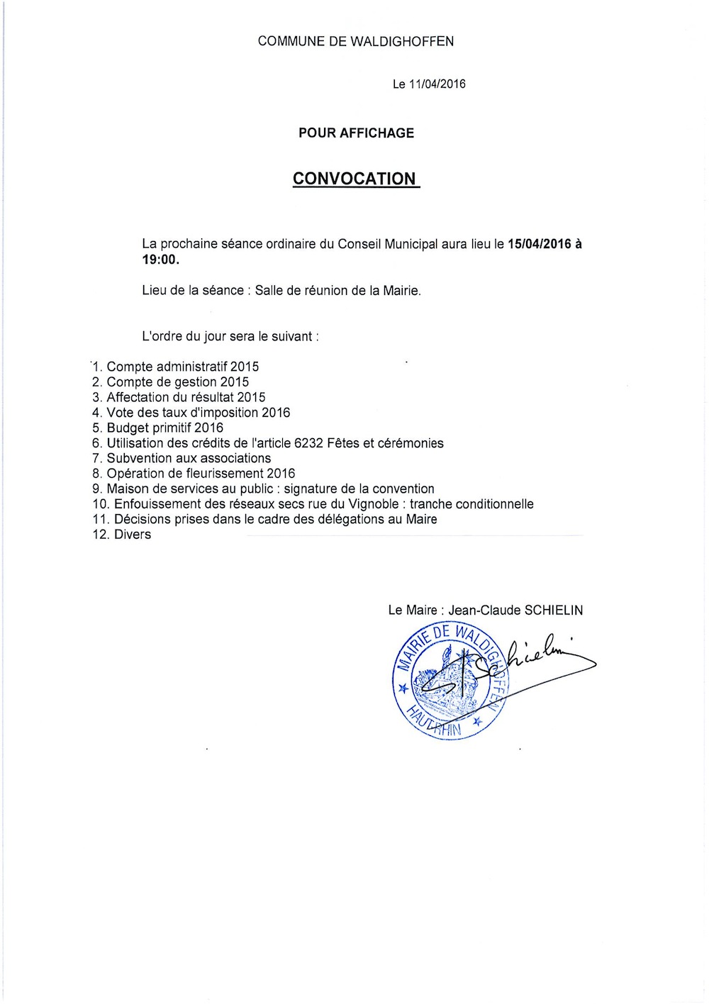 Convocation du Conseil Municipal du 15/04/2016