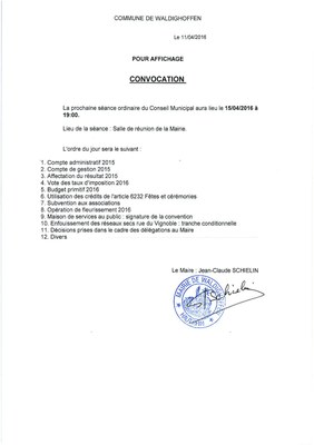 Convocation du Conseil Municipal du 15/04/2016