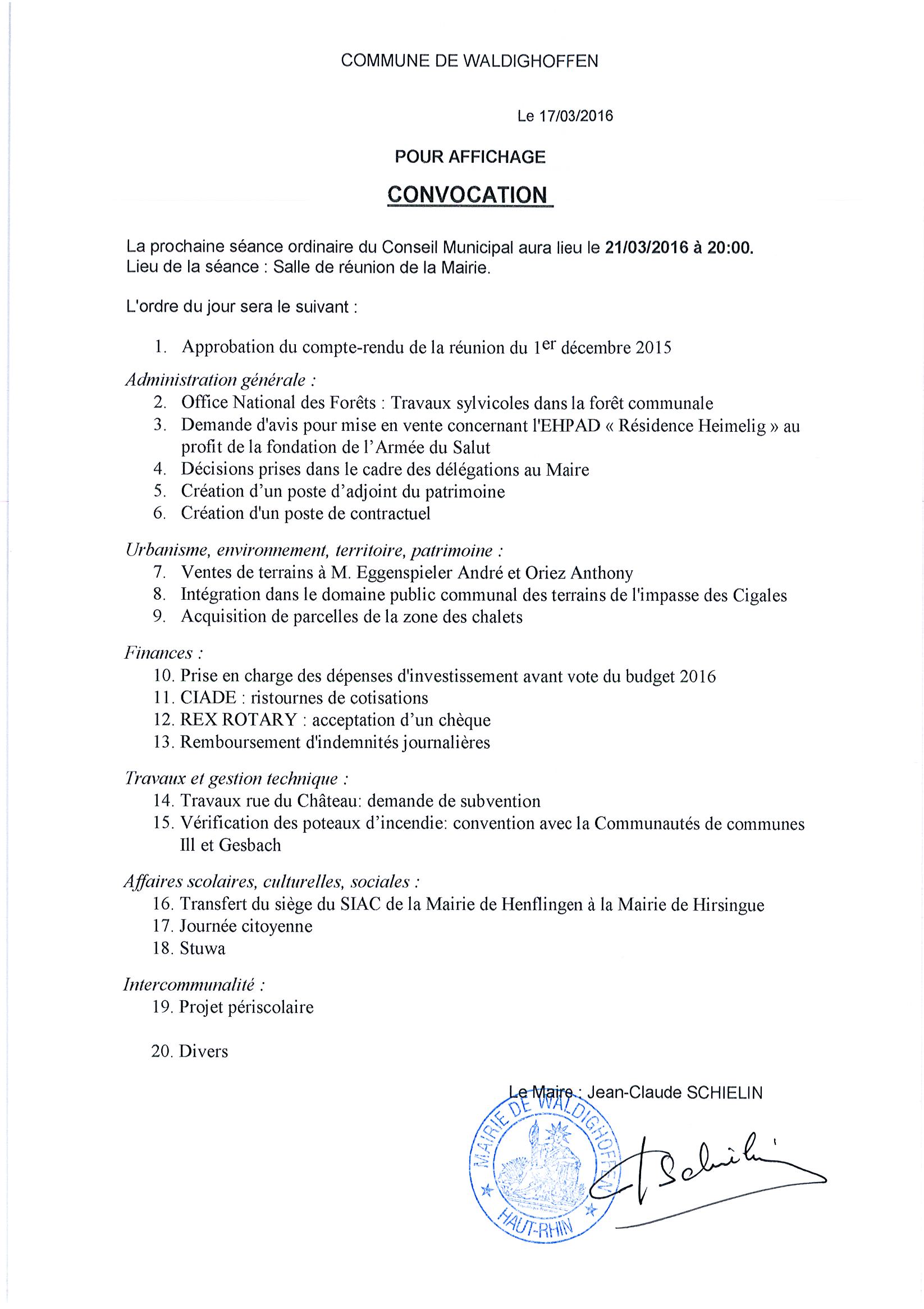 Convocation du Conseil Municipal le lundi 21 mars 2016