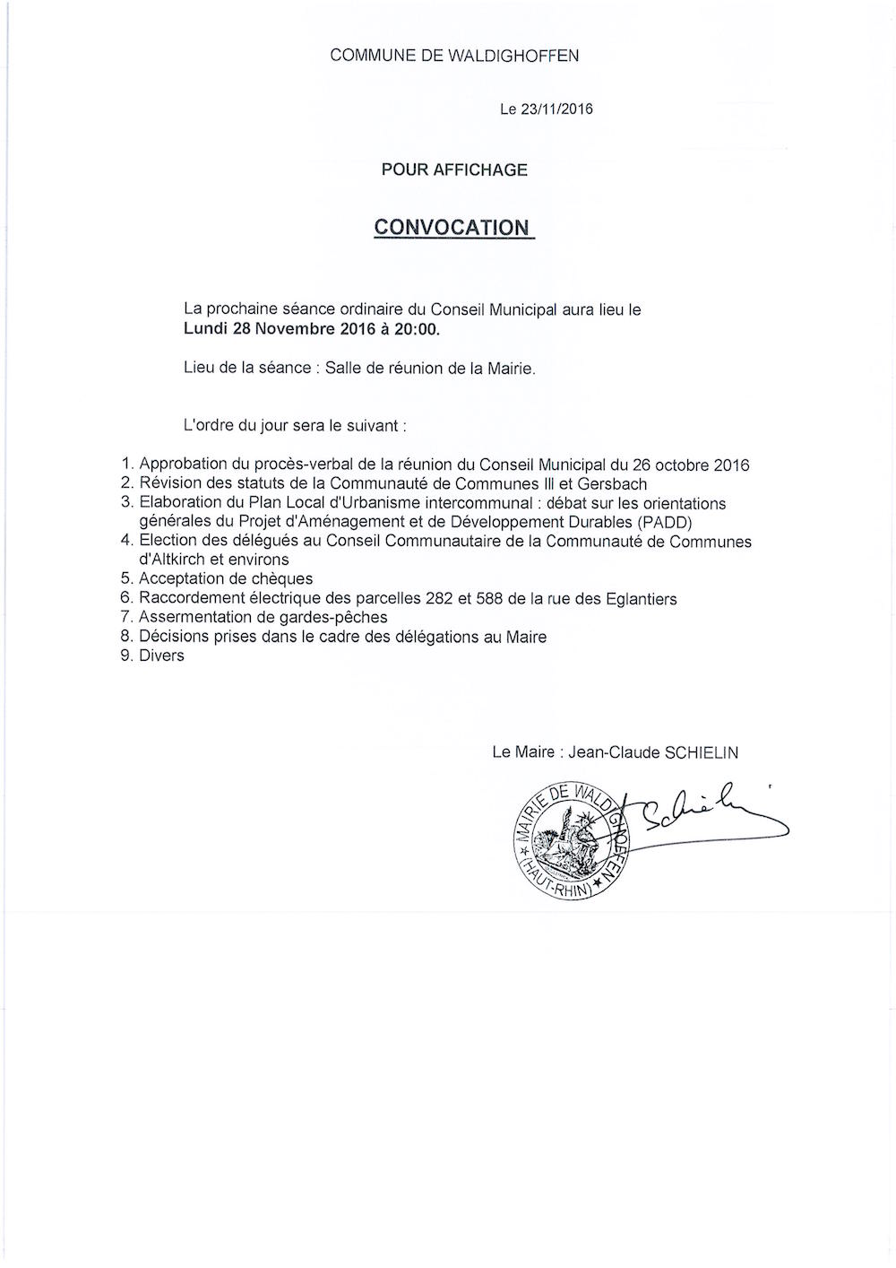 Convocation du Conseil Municipal le lundi 28 novembre 2016