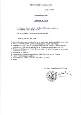Convocation du Conseil Municipal le lundi 28 novembre 2016