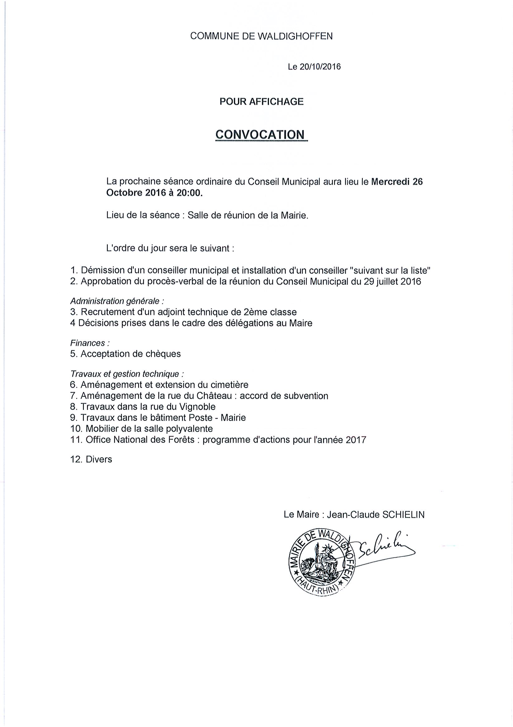 Convocation du Conseil Municipal le mercredi 26 octobre 2016
