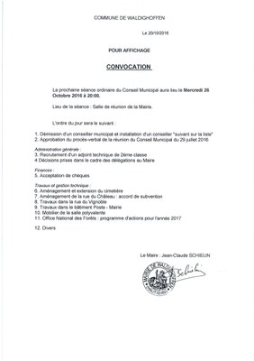 Convocation du Conseil Municipal le mercredi 26 octobre 2016