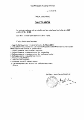 Convocation du Conseil Municipal le vendredi 29 juillet 2016