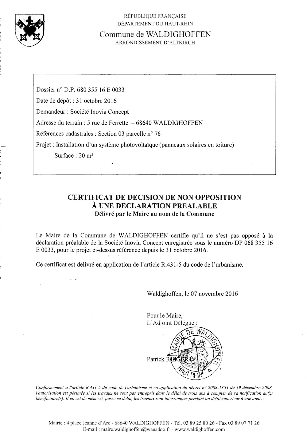 Décision à la déclaration préalable de la Société Inovia Concept