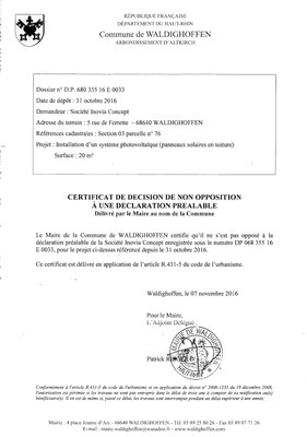 Décision à la déclaration préalable de la Société Inovia Concept