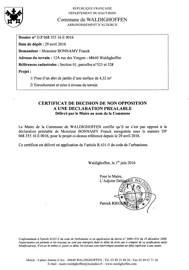 Décision à la déclaration préalable de M. BONNAMY