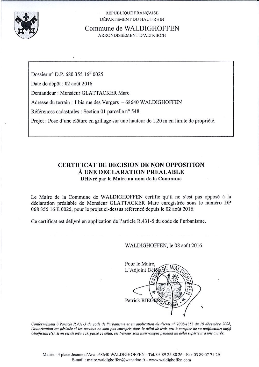 Décision à la déclaration préalable de M. GLATTACKER Marc