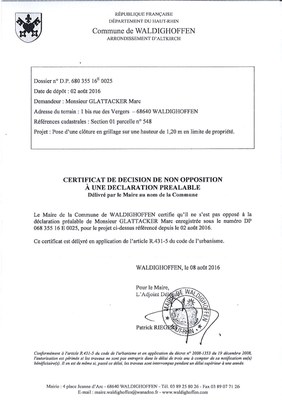 Décision à la déclaration préalable de M. GLATTACKER Marc