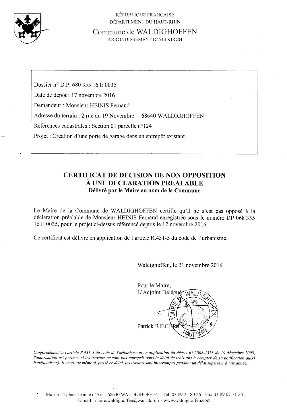 Décision à la déclaration préalable de M. HEINIS Fernand