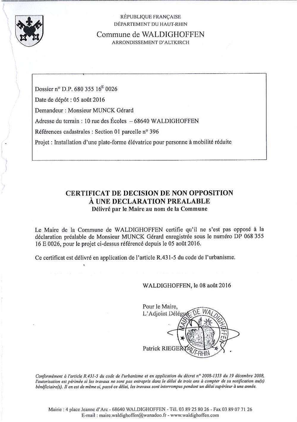 Décision à la déclaration préalable de M. MUNCK Gérard 