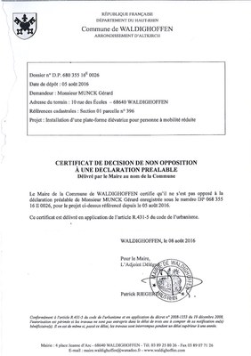 Décision à la déclaration préalable de M. MUNCK Gérard 