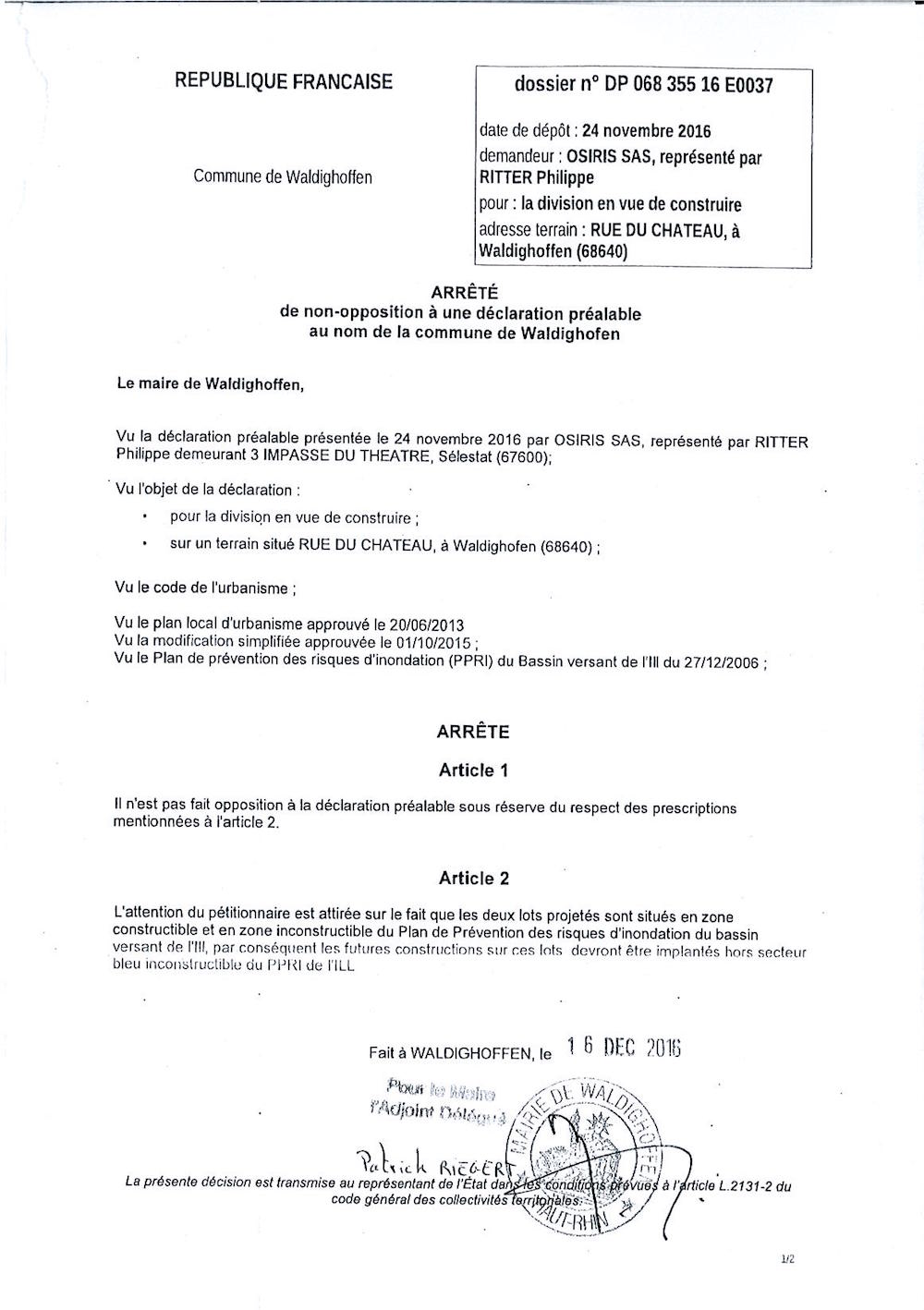 Décision à la déclaration préalable de OSIRIS SAS