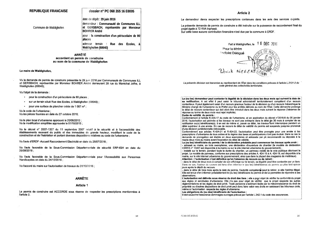 Décision à la demande de construire de la Communauté de Communes Ill et Gersbach