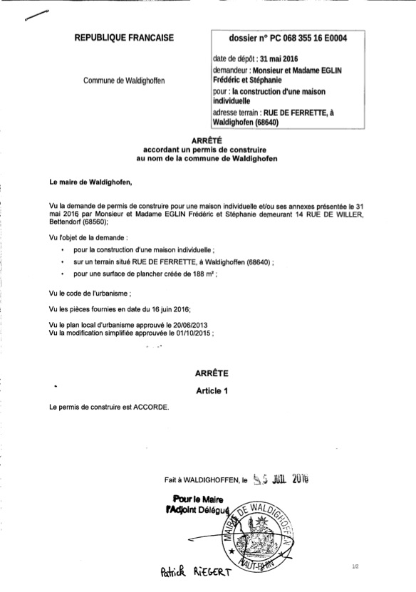 Décision à la demande de constuire de M. et Mme EGLIN