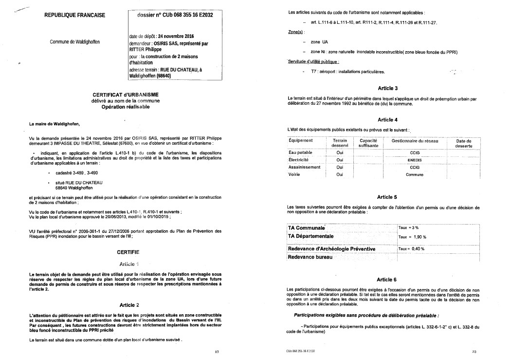 Demande de certificat d'urbanisme opérationnel pour un terrain situé dans la rue du Château