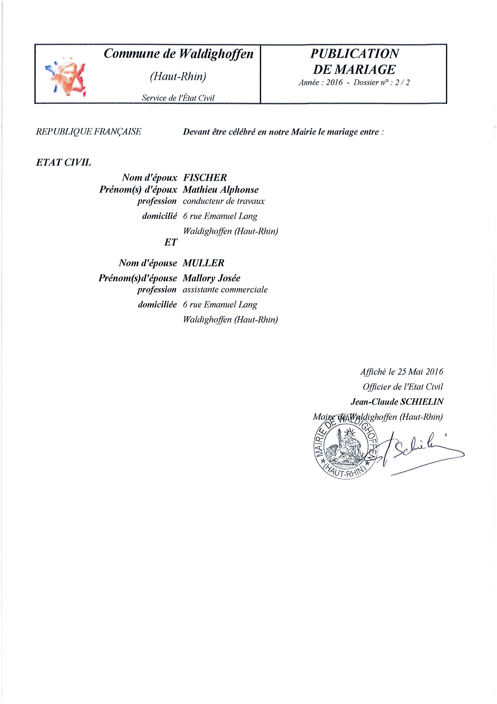 Publication de mariage entre M. FISCHER et Mlle MULLER 
