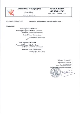 Publication de mariage entre M. FISCHER et Mlle MULLER 