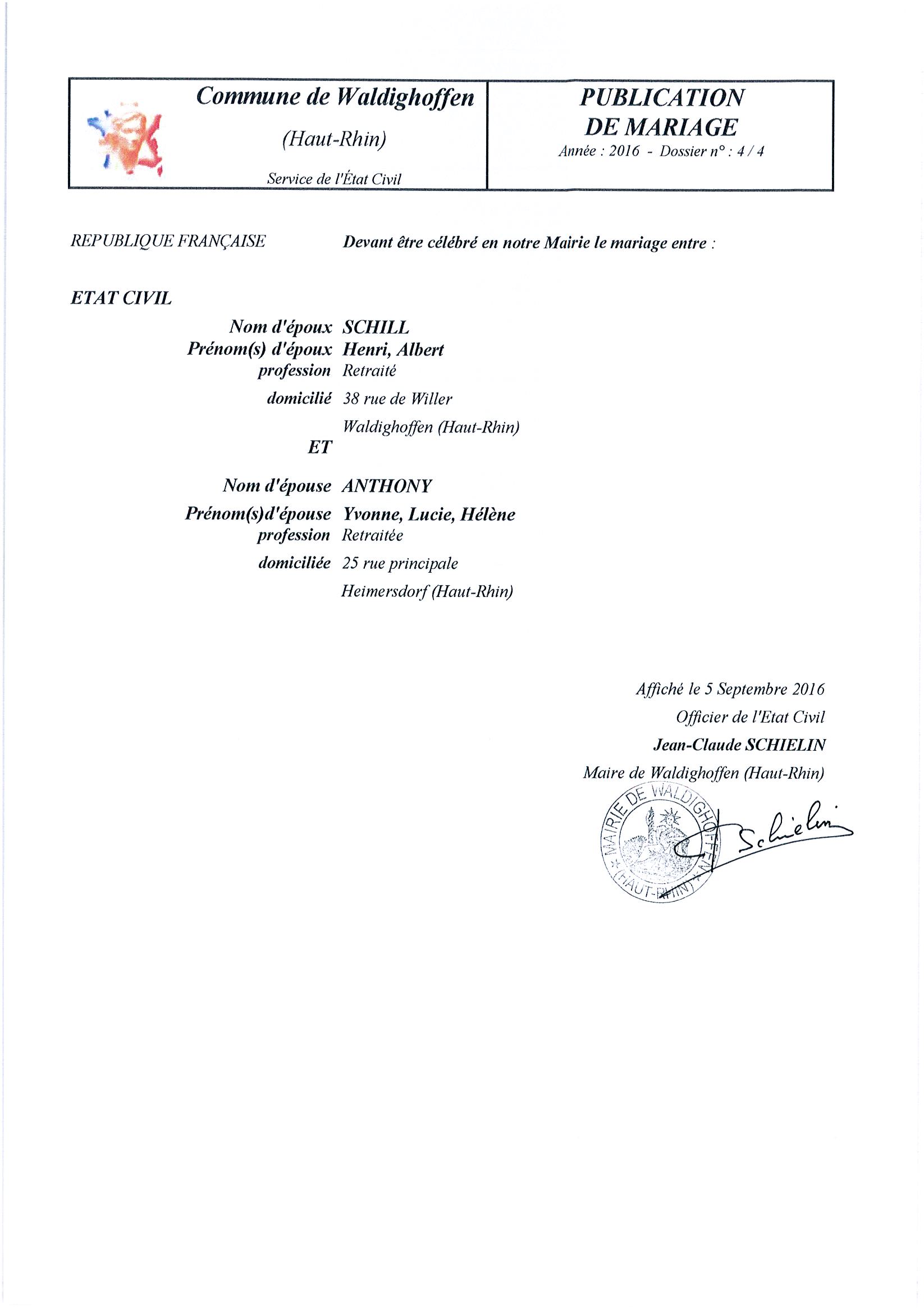 Publication de mariage entre M. SCHILL et Mlle ANTHONY