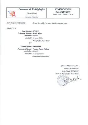 Publication de mariage entre M. SCHILL et Mlle ANTHONY